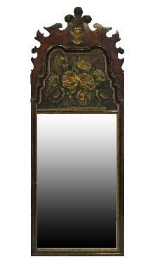 18th Century style mahogany framed wall mirror having a fret work pediment with foliate painted