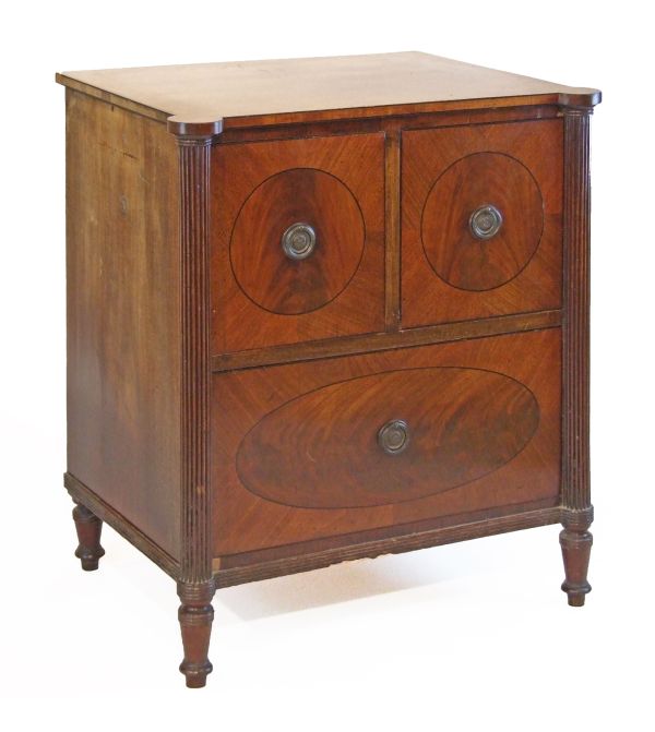 George IV string inlaid mahogany commode now converted to a chest fitted two box drawers with one