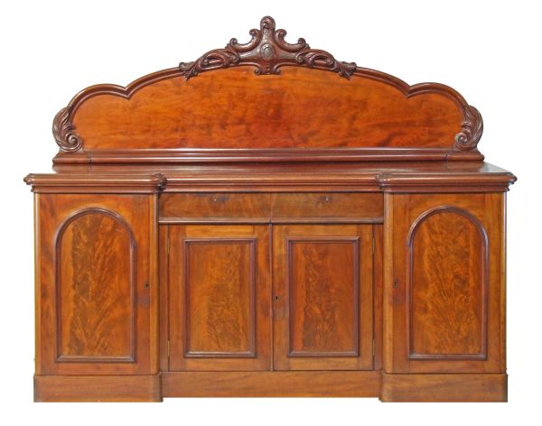 Victorian mahogany breakfront sideboard, the raised panelled back with applied Neo-classical