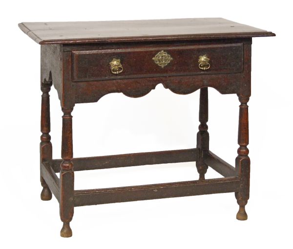 18th Century oak rectangular top side table of joined construction, fitted one drawer to the frieze,