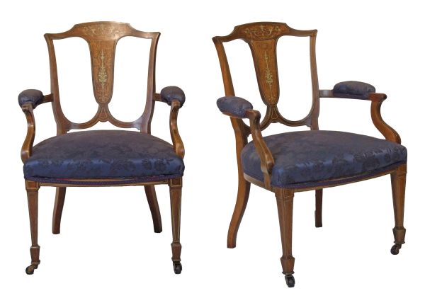 Pair of late 19th/early 20th Century boxwood and bone inlaid rosewood open arm elbow chairs each