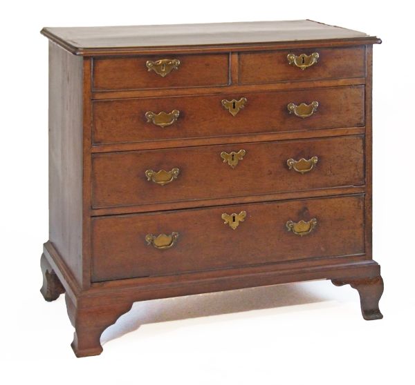 George III mahogany chest having a crossbanded quarter veneered top and fitted two short and three