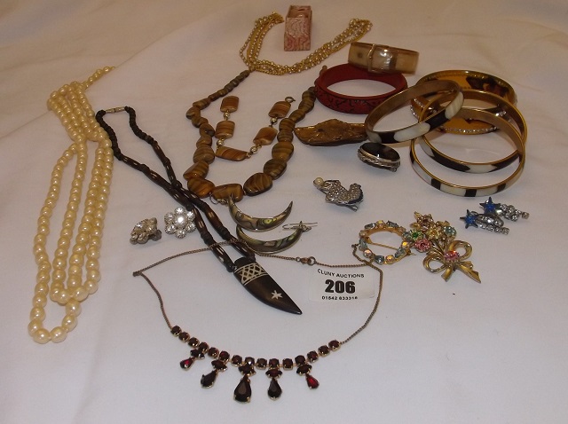 TIGER EYE NECKLACE,SILVER BROOCH AND OTHER COSTUME JEWELLERY