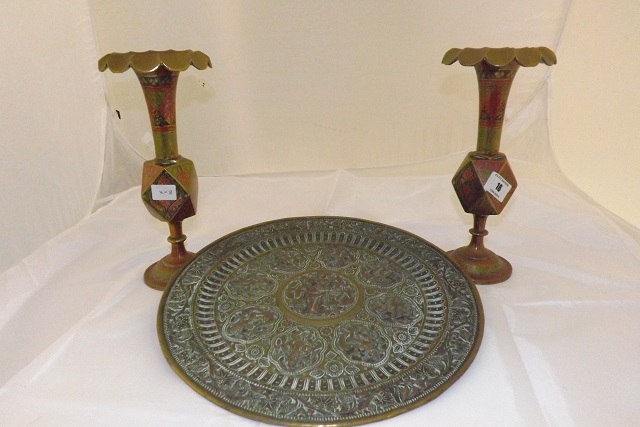 PAIR OF BRASS CANDLESTICKS & BRONZE WALL PLATE FAR EASTERN PATTERN