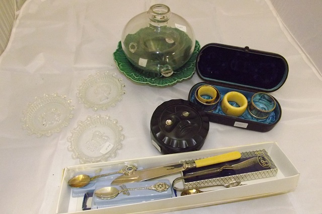 MIXED LOT NAPKIN RINGS GLASS FLY CATCHER WEDGEWOOD PLATE , PLATED SPOONS TRINKET BOX