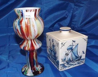 COLOURED GLASS VASE AND CROWN DEVON TEA CADDY WITH BOAT DESIGN