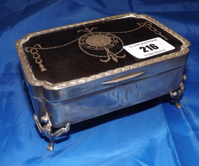 SILVER GEOV BIRMINGHAM 1910-11 AND TORTOISESHELL TRINKET BOX (TOP DECORATED WITH INLAID SILVER MOTIF