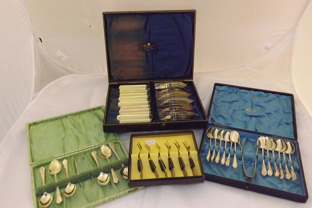 FOUR SETS PLATED CUTLERY BOXED