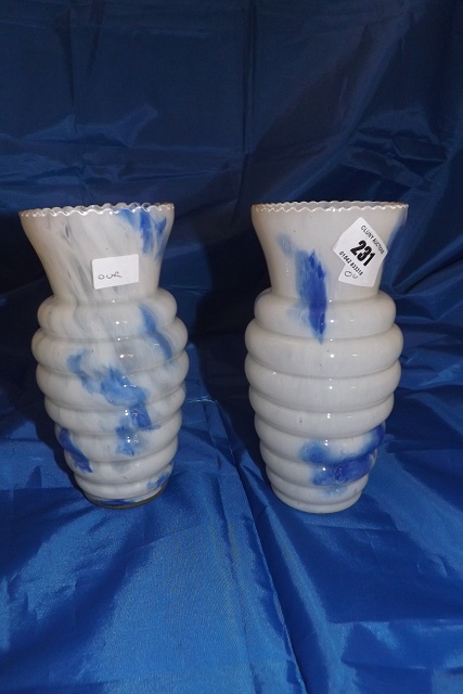 PAIR OF GLASS VASES 7 INCHES TALL WITH BLUE AND WHITE COLOURING