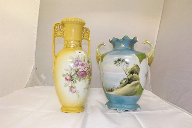 TWO VASES YELLOW FLORAL & BLUE LANDSCAPE A/F