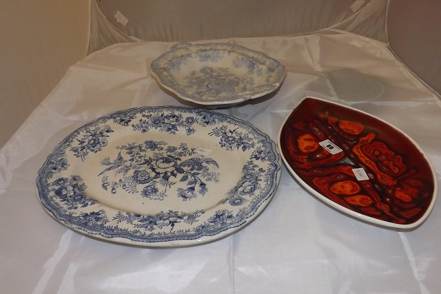 TWO BLUE WHITE PLATES & POOLE POTTERY PLATE