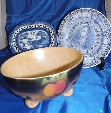 POTTERY FRUIT BOWL, BURNS WALL PLATE AND OTHER BLUE AND WHITE PLATE