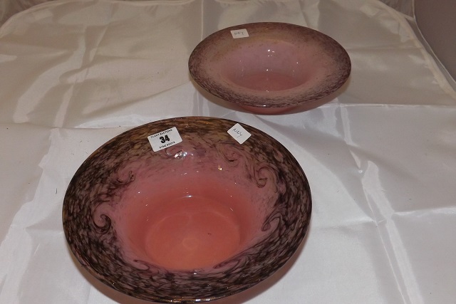 TWO MONART GLASS BOWLS PALE PINK WITH PURPLE & GOLD FLECK