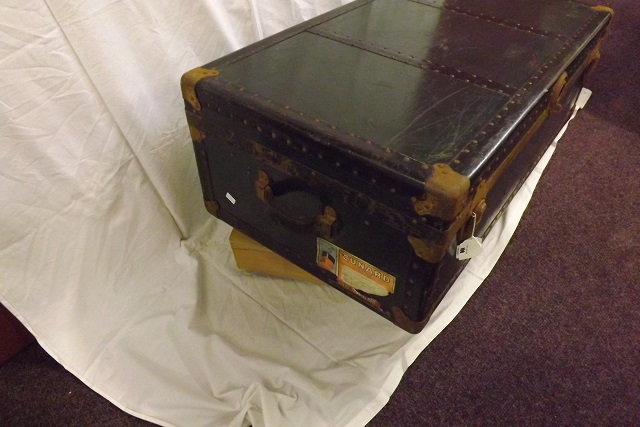 BLUE HARDBOARD STEAMER TRUNK ,CUNARD LABLE