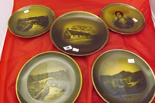 5 RIDGEWAY GREEN & GILT EDGE WALL PLATES OF BURNS & RELATED SCENES