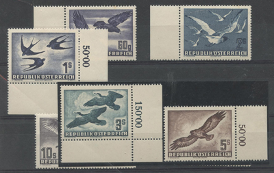 AUSTRIA 1950 Birds Air set UM, each being marginal examples, the 60g has tiny tone spot o/w superb