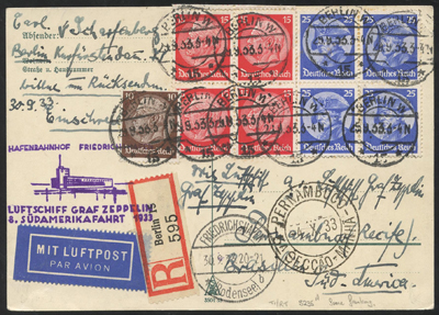Zeppelin Mail 1933 8th South America flight multi-franked postcard with vals incl. 25pf x4 Opening