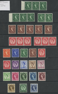 QEII 1952-55 WILDINGS UM selection on hagner leaves from 1952 Tudor set x10, mainly in multiples,