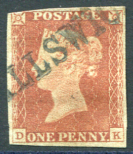 1841 PENNY RED Plate 55 DE, with three good margins, cut into top of upper right corner cancelled by