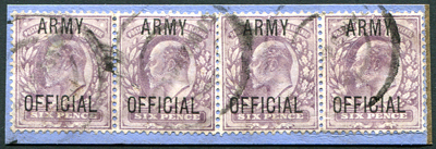 OFFICIALS Army ARMY OFFICIAL 1902 6d pale dull purple, very scarce used strip of four on a small