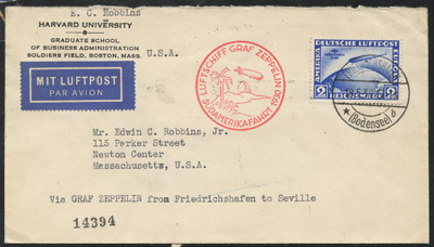 Zeppelin Mail 1930 South America flight cover to Massachusetts U.S.A franked 2m South America