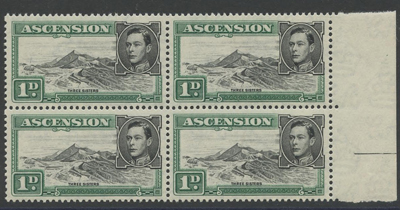 ASCENSION 1949 1d black & green UM marginal positional BLOCK OF FOUR incl. 124/6 frame re-entry. (