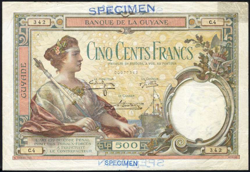 French Guiana, P 9, Banque de la Guyane, 500 Francs, (1938-40), SPECIMEN. Woman holding staff at