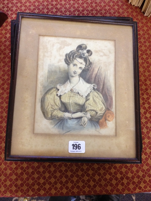 A set of five framed and glazed 19th century fashion sketches depicting Young Ladies in period