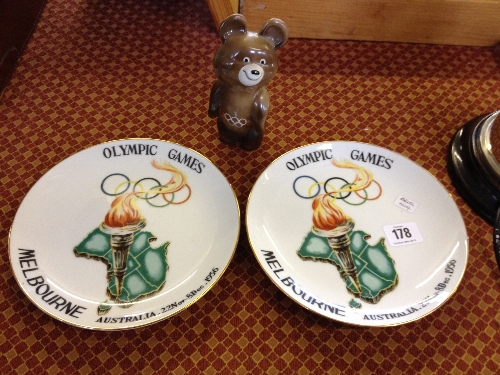 A pair of 1956 Melbourne Australia Olympic souvenir china plates together with a Russian Olympic