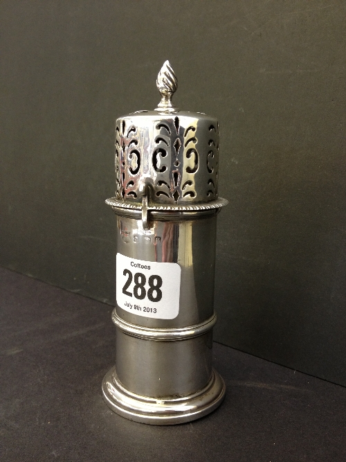 An unusual early 20th century silver cylindrical caster (marks rubbed).