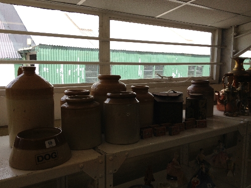 A collection of various stoneware jars, tins and boxes of England`s Glory Matches and contents.