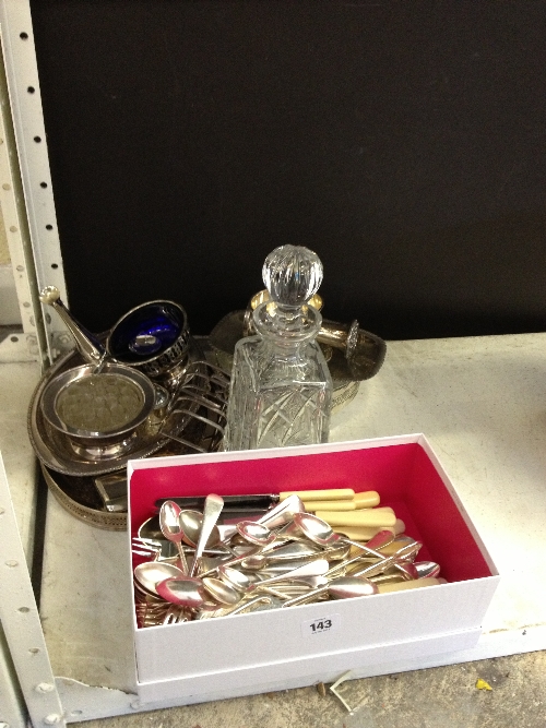 A box of cutlery together with various silver plated items.