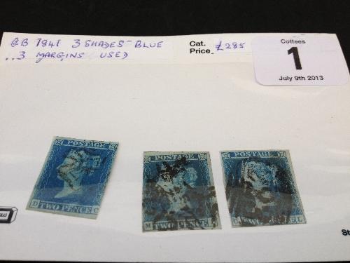 GB 1841 2d 3 stamps different shades blue 3 margins used Cat £285