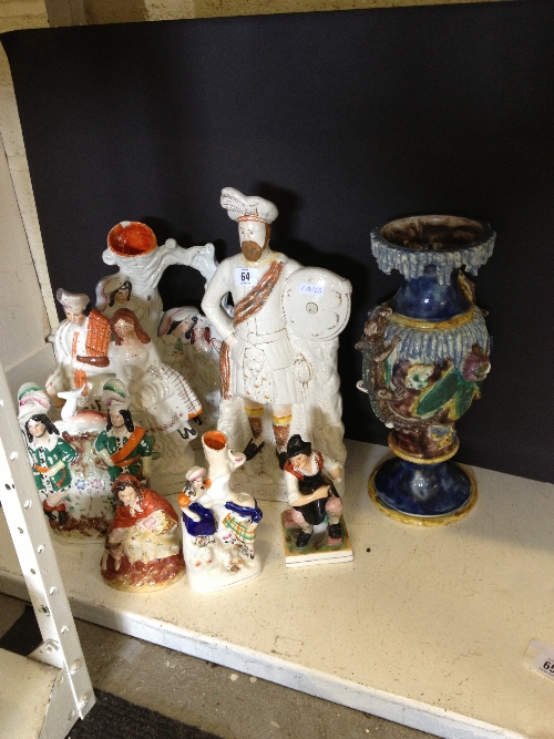 Seven various 19th century Staffordshire figures (examine all) together with an unusual Majolica