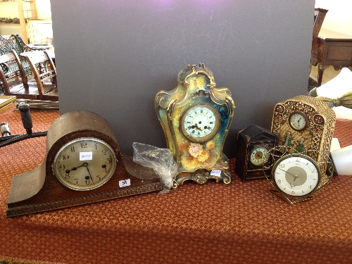 A large early 20th century French Rococo style china mantle clock with painted floral decoration