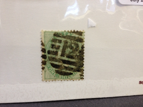 GB 1856 1/- pale green SG73 used heavy pmk Cat £310.