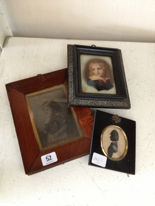 Three 19th century framed and glazed miniature portraits and a silhouette.