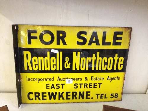 An early 20th century enamel estate agents sign: Rendell and Northcote, Crewkerne.