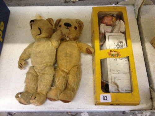 Two mid 20th century English teddy bears together with a Pelham Puppet: Fairy in original box.