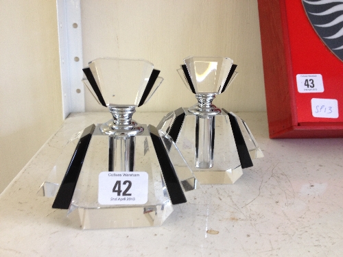 A pair of glass Art Deco style perfume bottles.