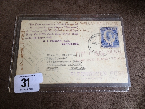 An unusual Tonga island stamped envelope: The Tin Can Mail stamped with various stamps and inscribed