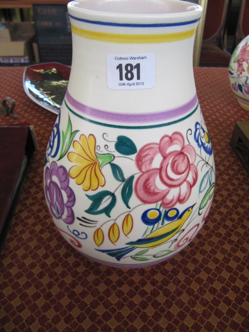 A white bodied Poole Pottery vase, shape 337, decorated in the E/LE pattern.