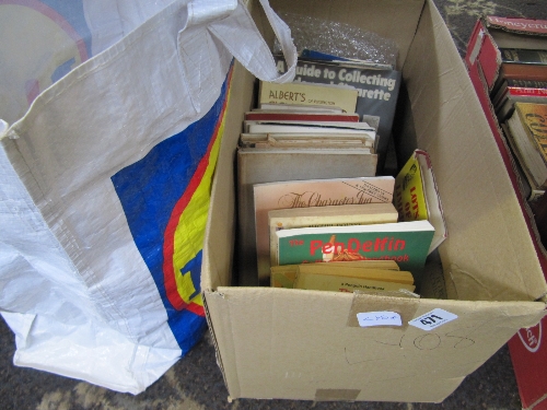 A box of antiques related reference books together with a bag of ephemera.