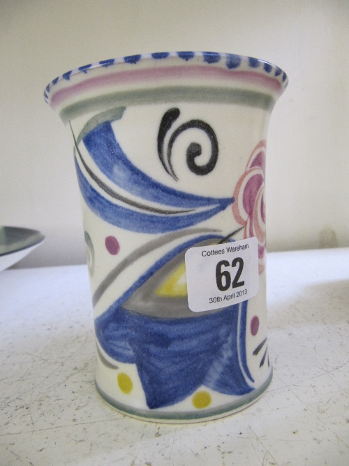 A red bodied vase painted in the YG pattern, shape 115, impressed Poole England (5 inches).