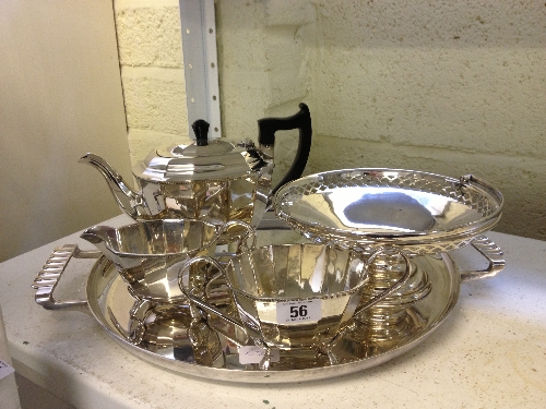 A three piece EPNS silver plated Art Deco three piece teaset together with a fruit bowl and a good