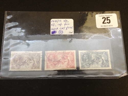 GB 1918/19, 2/6, 5/-, 10/- stamps fine used Cat. £775.