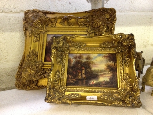 A gilt framed reproduction oleograph in the antique style: Landscape Scene together with another.