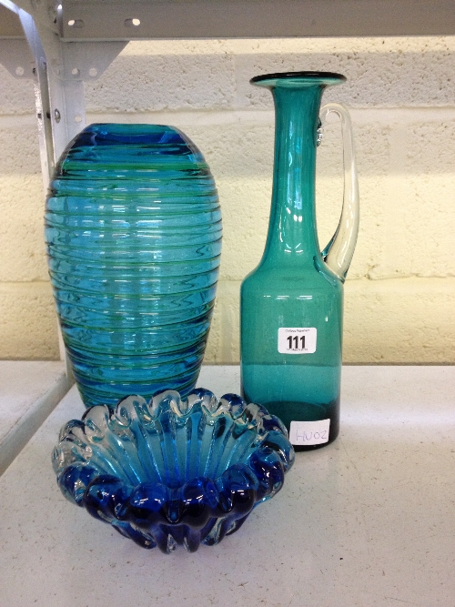 Three various blue and turquoise tinted glass items.