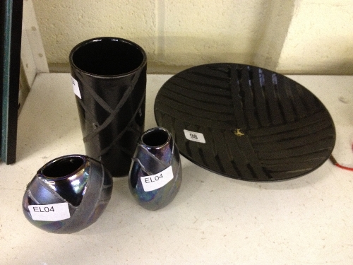 Four various Poole Pottery black glazed Vogue pottery items.
