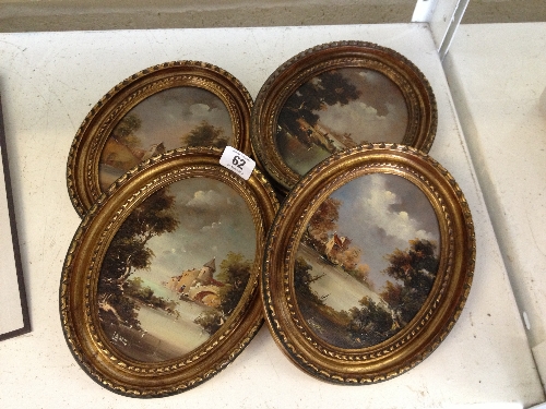 A set of four mid 20th century gilt framed oval oils on board: Lake scenes.